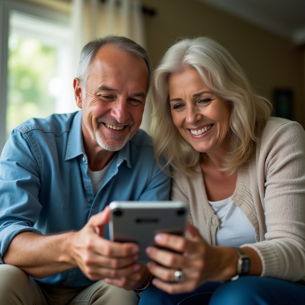 Elderly couple enjoying mobile games